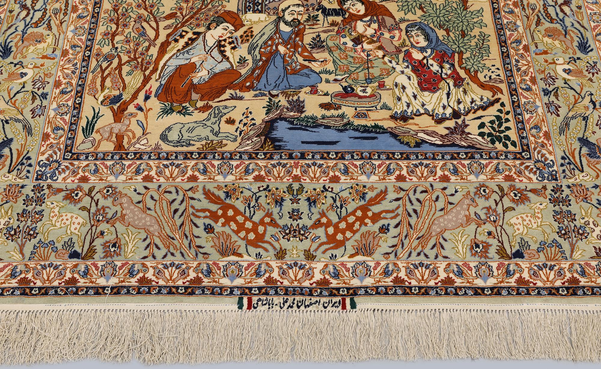 A Figural Isfahan carpet, part silk, 238 x 160 cm.