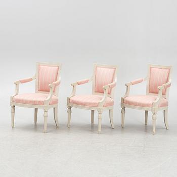 Three Gustavian style armchairs, first half of the 20th Century.
