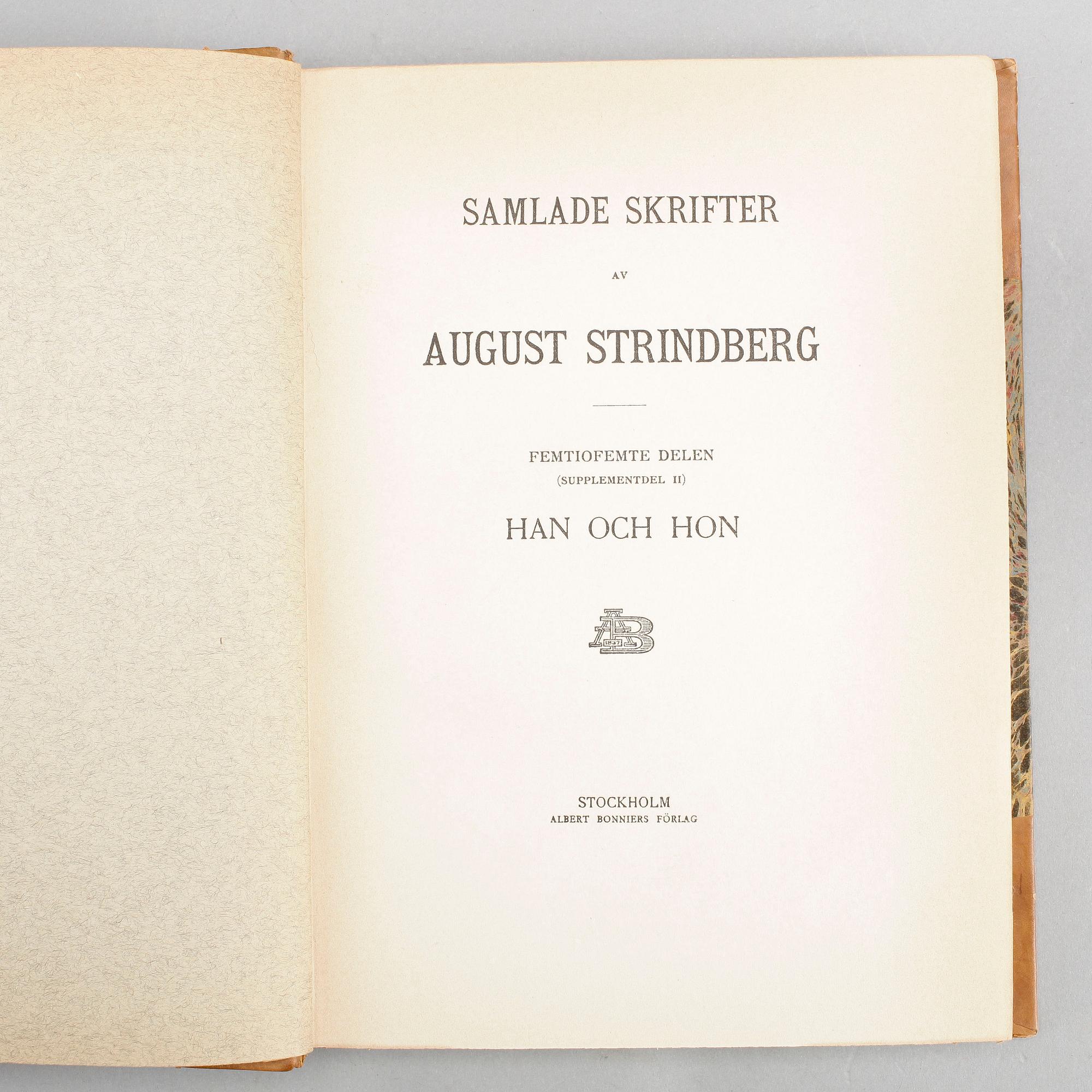 BOKBAND, 55 volymer, "Samlade skrifter av August Strindberg", Albert Bonniers förlag, Stockholm, 1912.