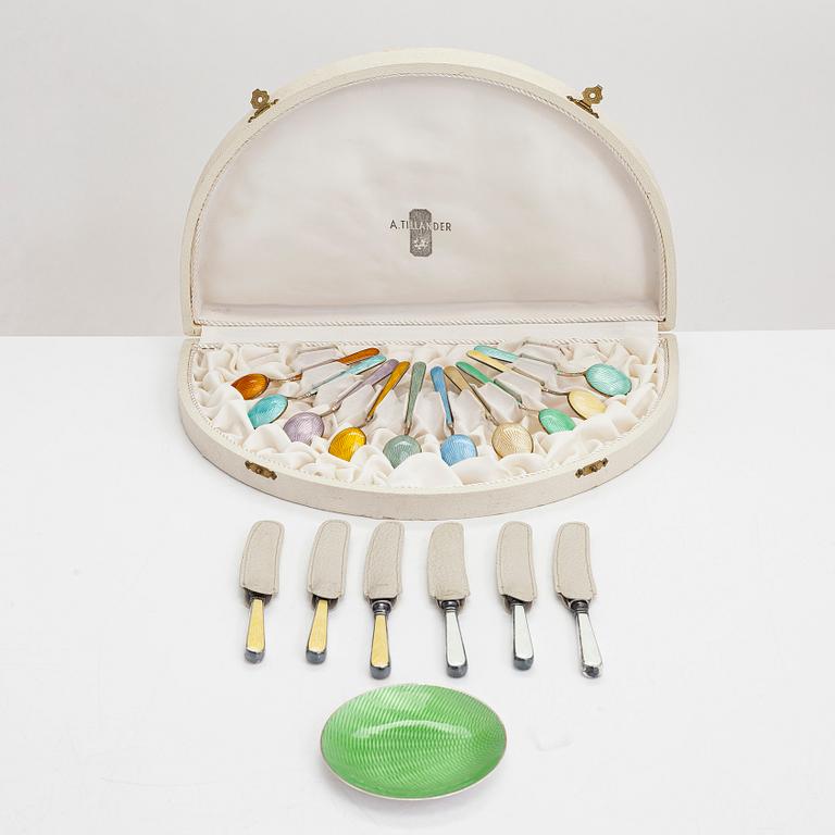 Tillander, ten enamel and silver coffee spoons, six knives and a dish, Helsinki 1950-52, 1968 and 1953.