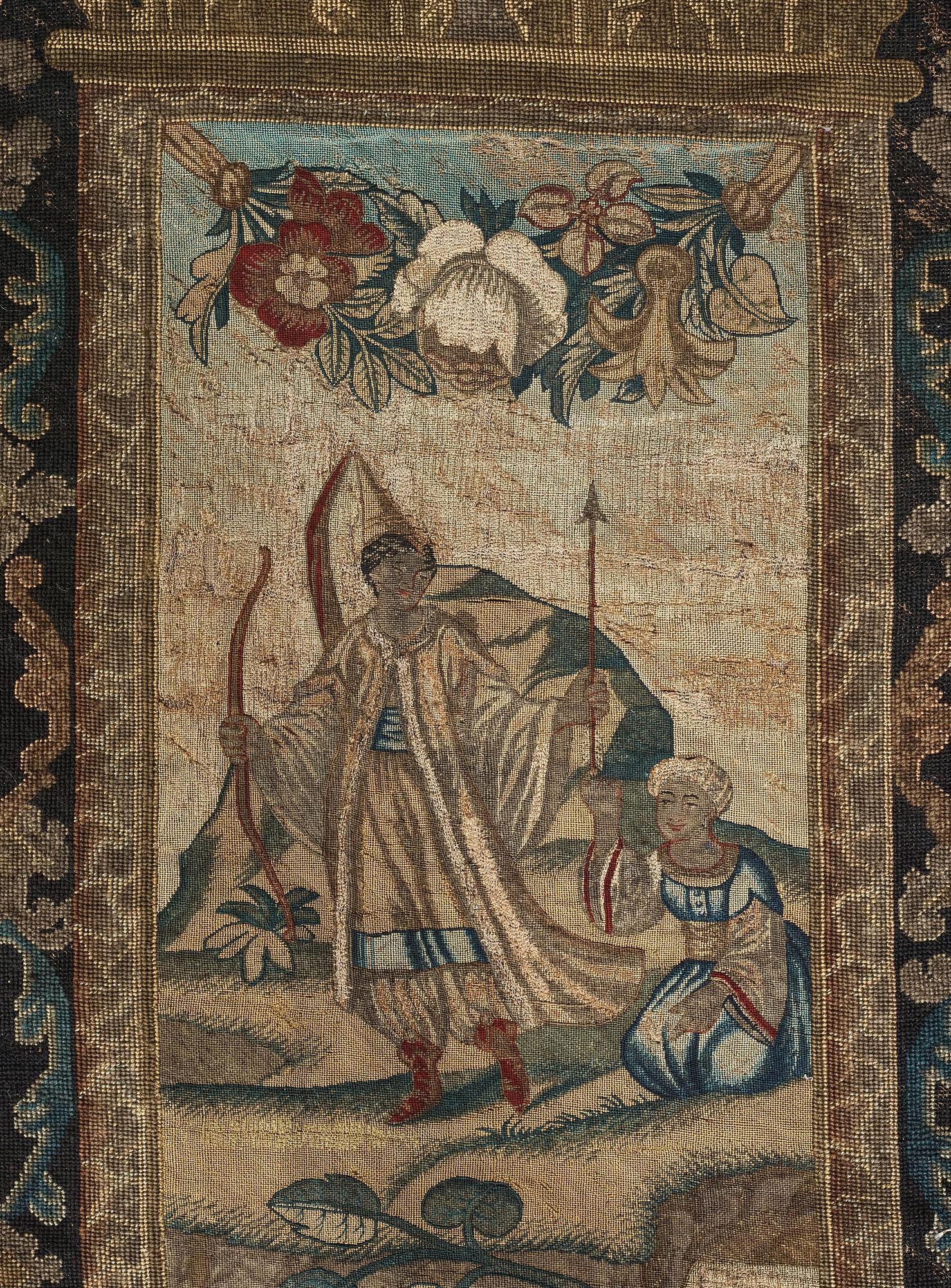 BRODERI. Korsstygn och petit point. 267,5 x 162,5 cm. Sannolikt England, omkring 1700.