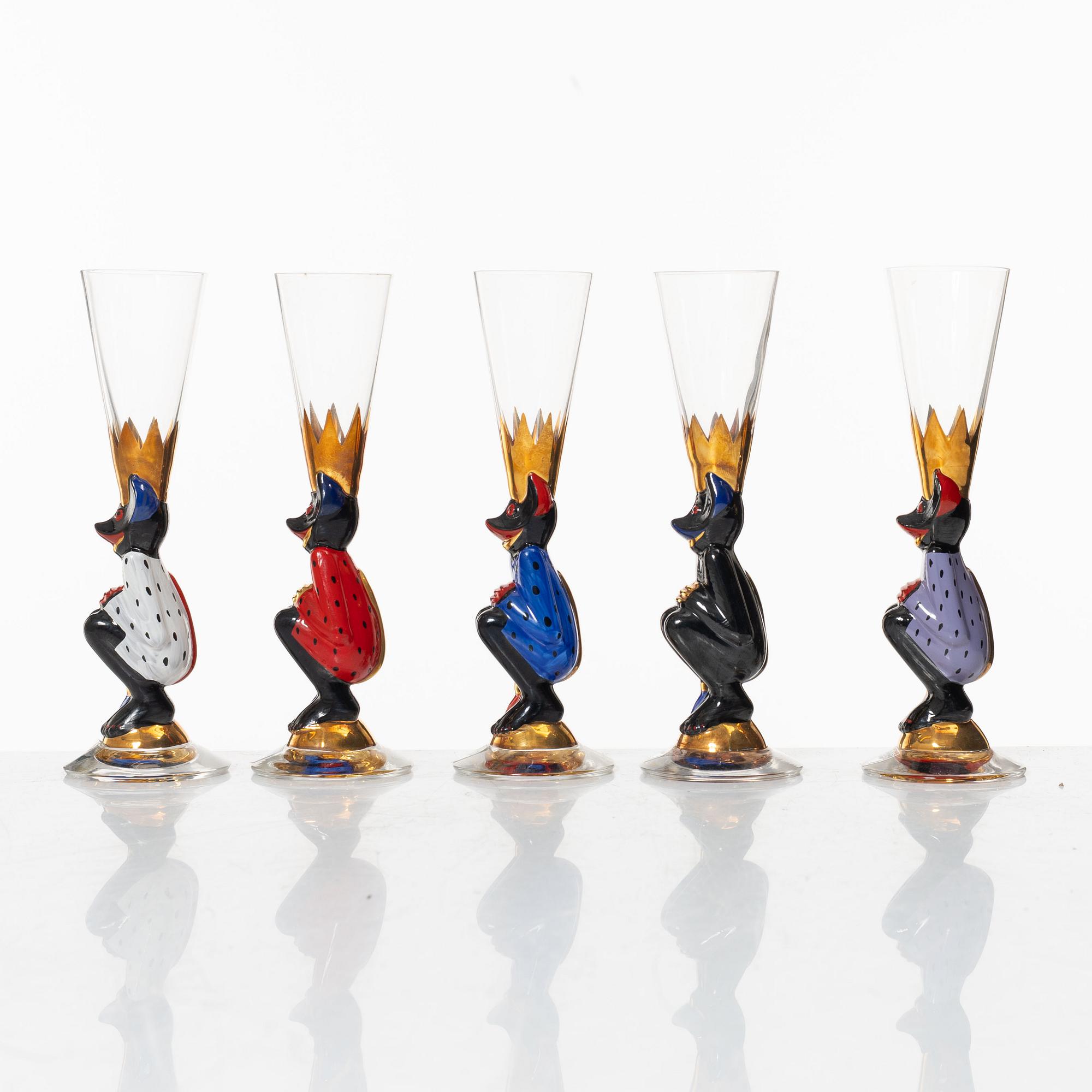 Gunnar Cyrén, five shot glasses, so-called devil glasses, from the Nobel service, Orrefors.