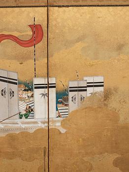 A Japanese six fold screen, Edo. Signed.