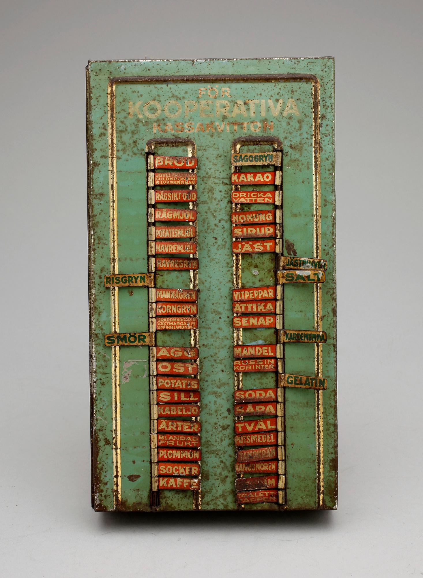 INKÖPSTAVLA TILL HUSHÅLLET, plåt, 1930/40-tal.