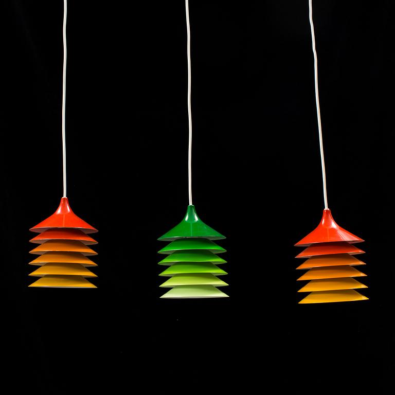 Three painted metal pendant lights "Duett" designed by Bent Boysen for IKEA in 1983.