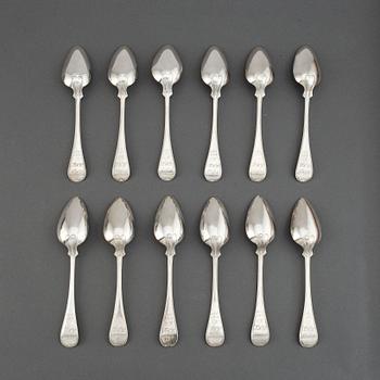 Gustaf Aulander, twelve Swedish silver spoons, Karlskrona, 1862.