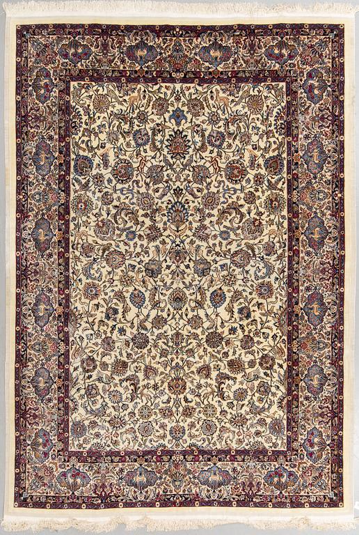 A carpet, Mashad, figural, part silk, ca 359 x 250 cm.