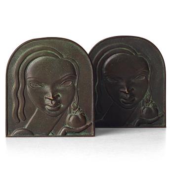 296. Ystad Bronze (Ystad-Metall), a pair of Swedish Grace bookends, 1920-30's.