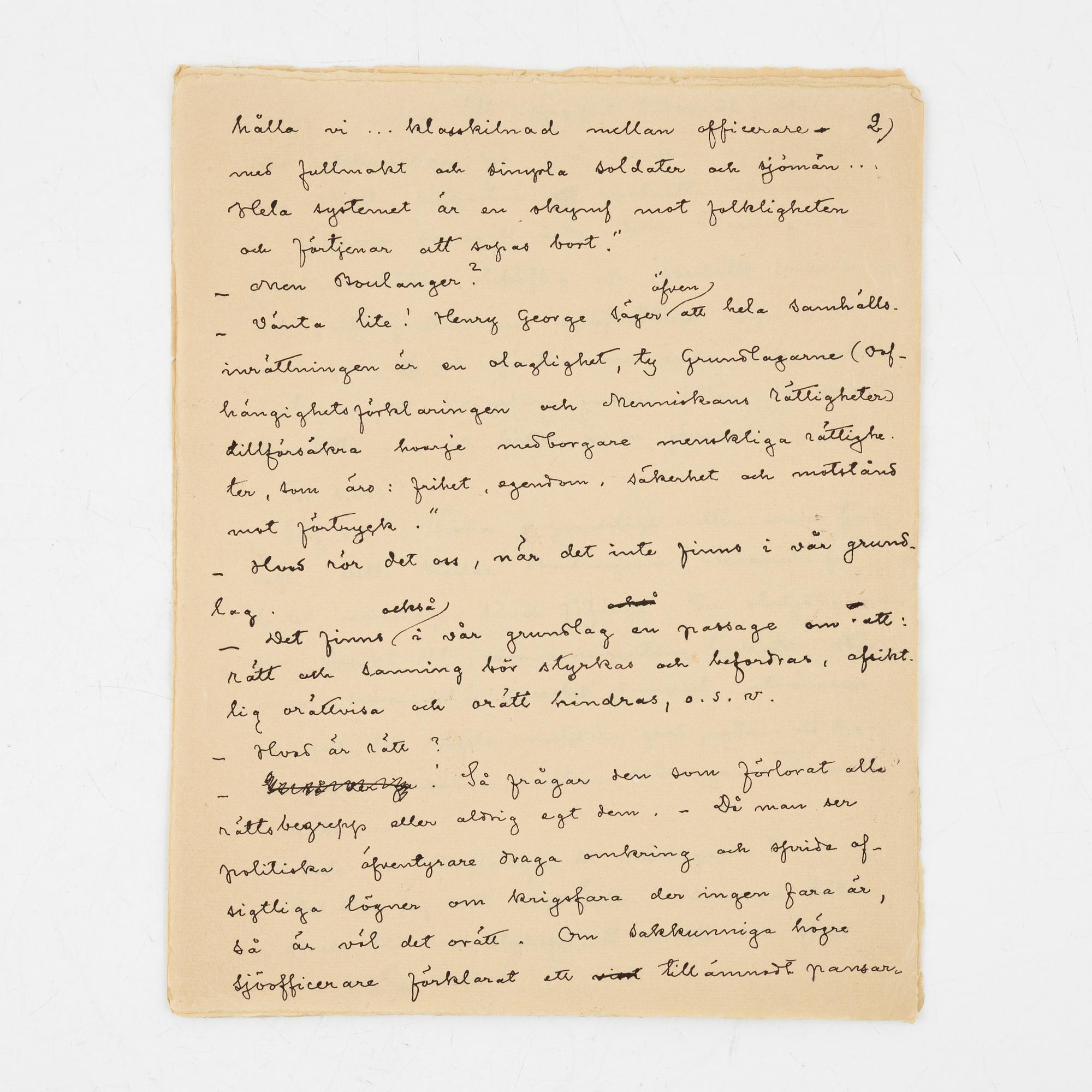 Egenhändigt kapitelmanuskript av Strindberg, 1912.