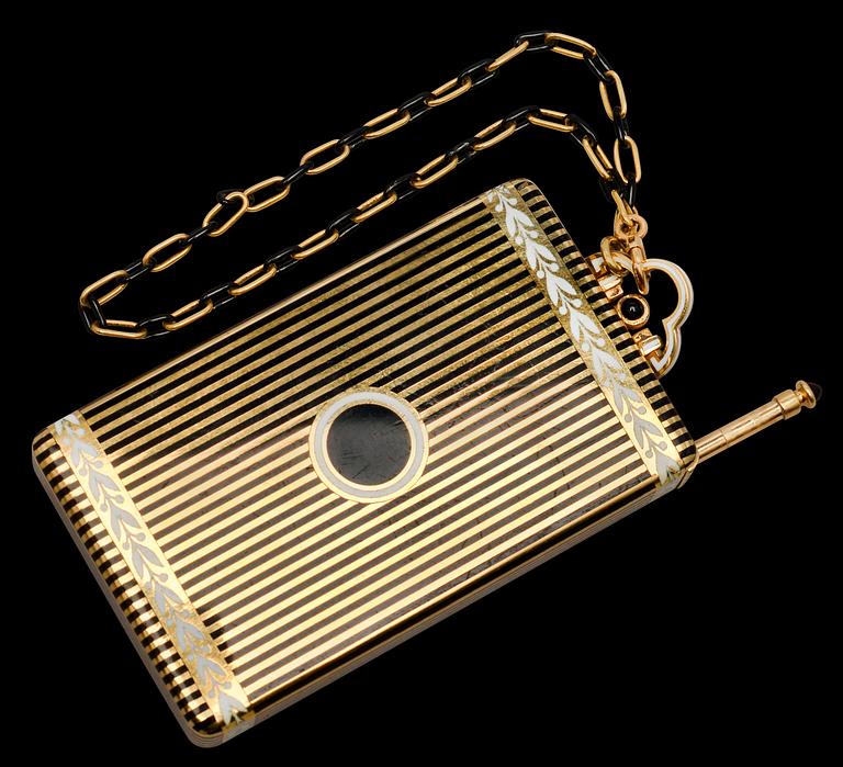 CARTIER MAKE-UP ETUI, 18K guld, emalj, onyx. New York 1940-tal. Vikt 152 g.