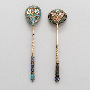 A salt cellar, mark of D. Nikitin, and 2 spoons, poss. P. Abrosimov and M. Andreyevna, enamel, silver. Moscow 1899-1908.