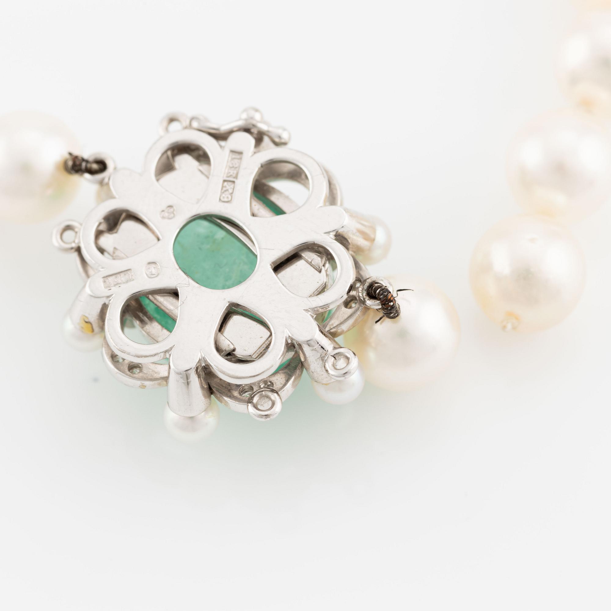 Pearl necklace, two pieces, cultured pearls, one with a clasp, Carlman, 18K white gold with cabochon-cut emerald and diamonds.