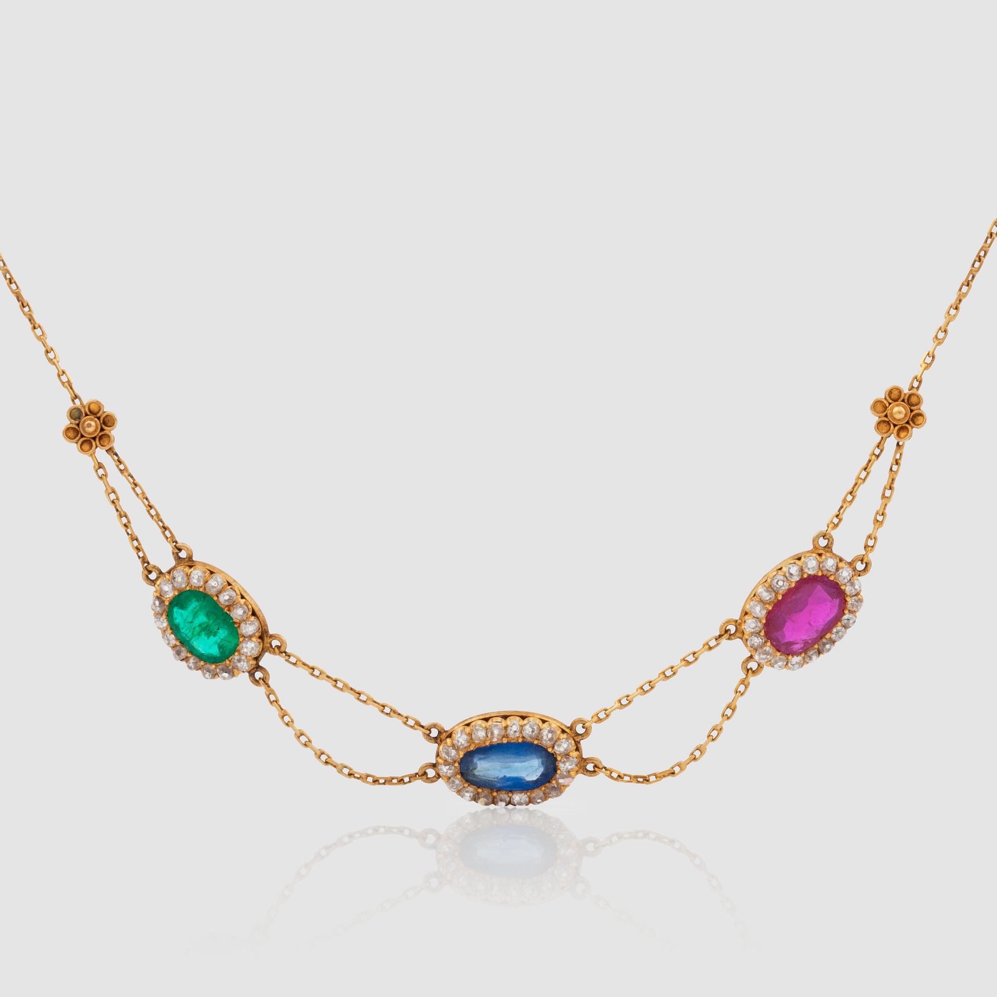 An emerald, sapphire and ruby necklace, set with old-cut diamonds. Made in Vienna circa 1910.