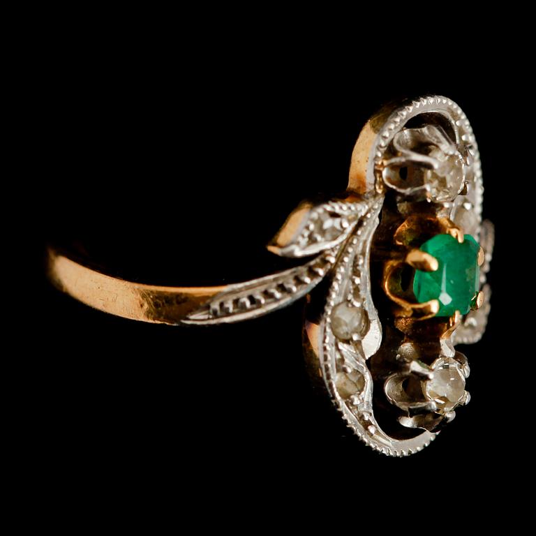 RING, guld och silver, rosenstenar och smaragd, 1900-talets första hälft.