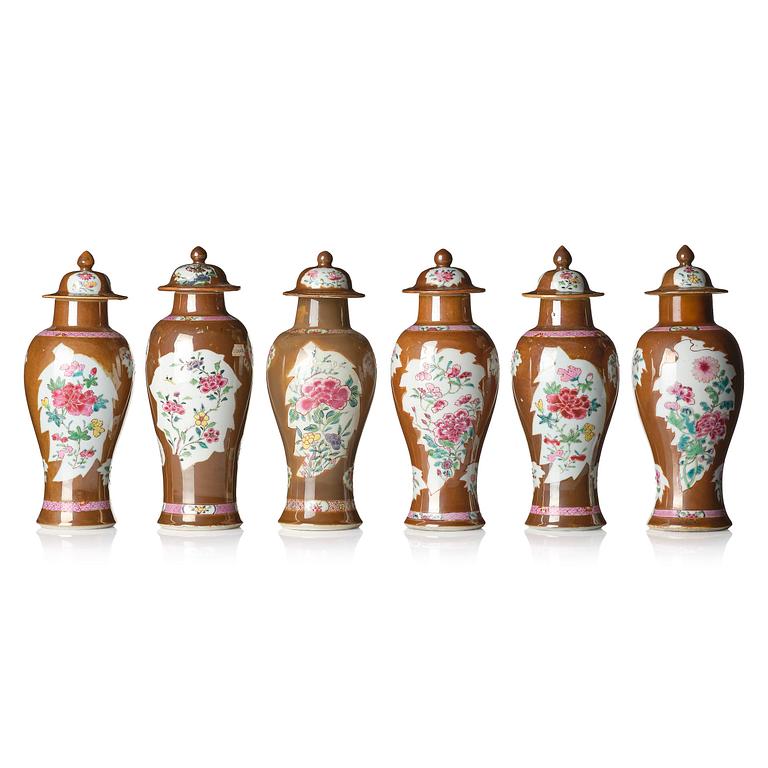 A matched six-piece famille rose garniture, Qing dynasty, Qianlong (1736-95).