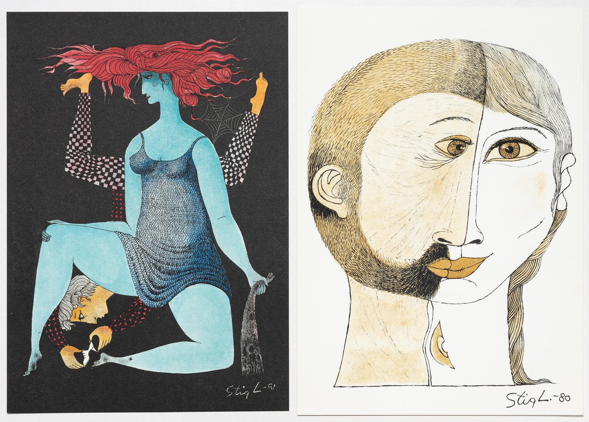 Stig Lindberg, färglitografier, 2 st, Gustavsberg, 1980-81.