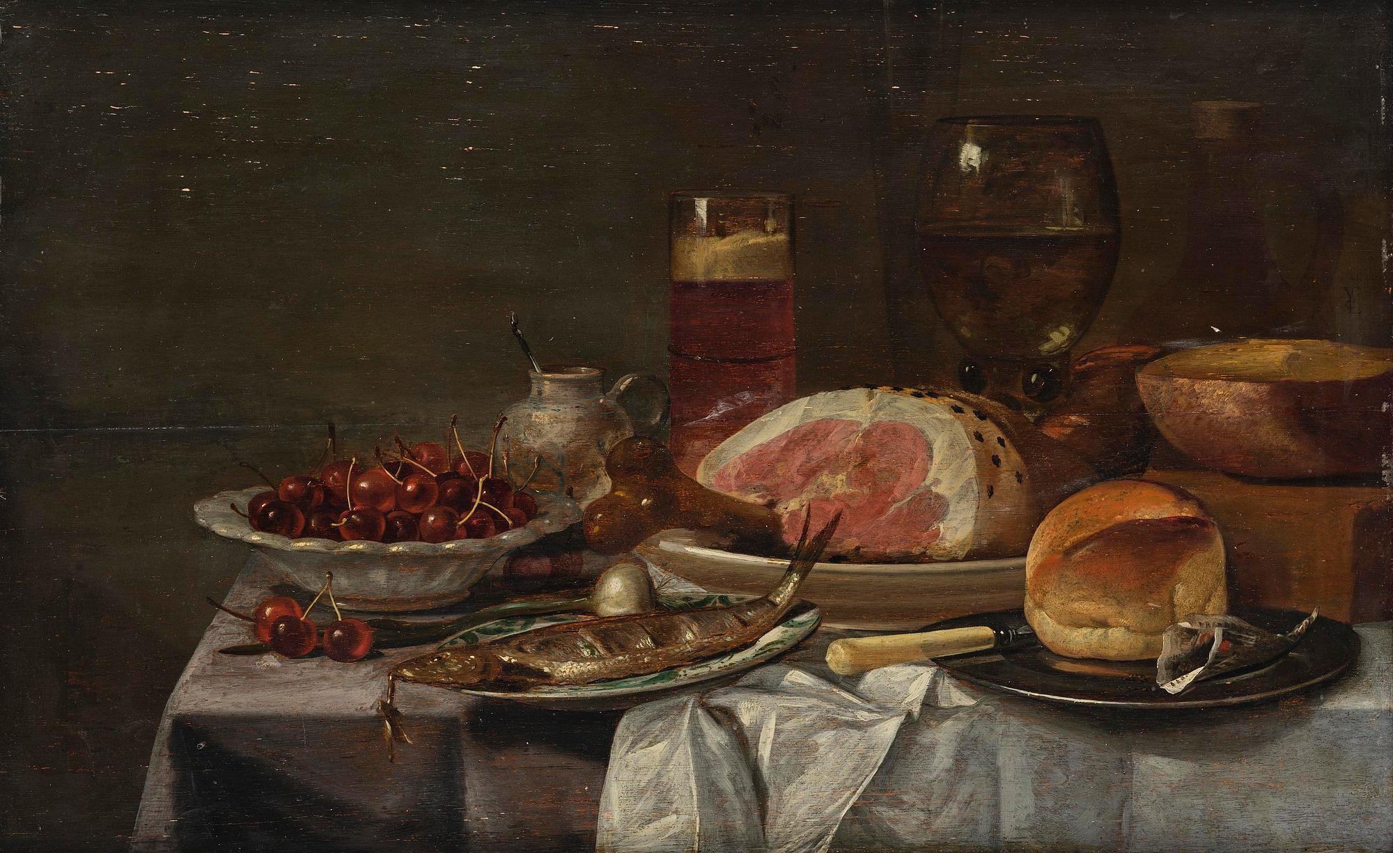 Vincent Laurensz. van der Vinne, Still life with fish, ham, bread, cherries, and glass.