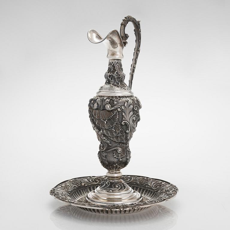 An Italian silver wine ewer with presentation plate. Finnish import marks 1976.