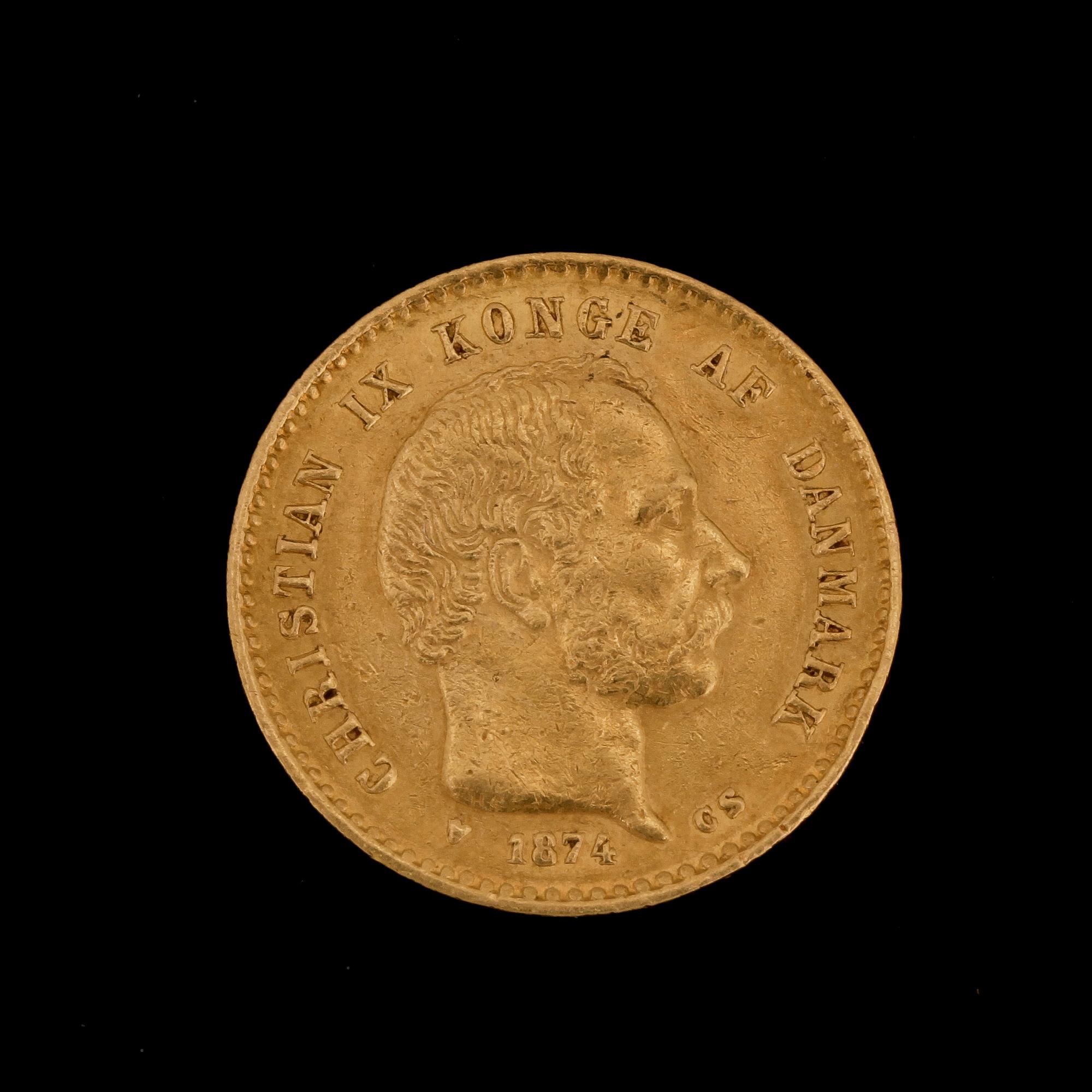 GULDMYNT, 10 Kroner, Danmark 1874. Vikt ca gram.3,5 gram.