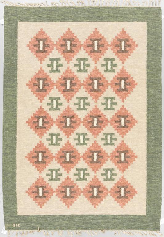 A carpet, flat weave, ca 227,5 x 163,5-168,5 cm, signed IH.