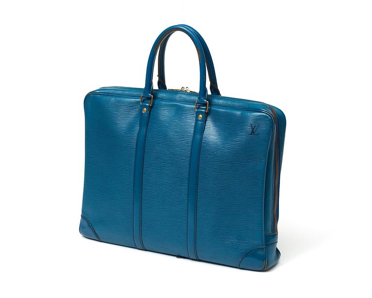 A blue epi leather handbag/briefcase by Louis Vuitton.