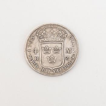 A Swedish silver coin, Charles XII, 4 mark, 1703.