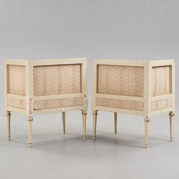 A pair of Royal Gustavian late 18th century corner chairs by Erik Öhrmark, master in Stockholm 1777-1813.