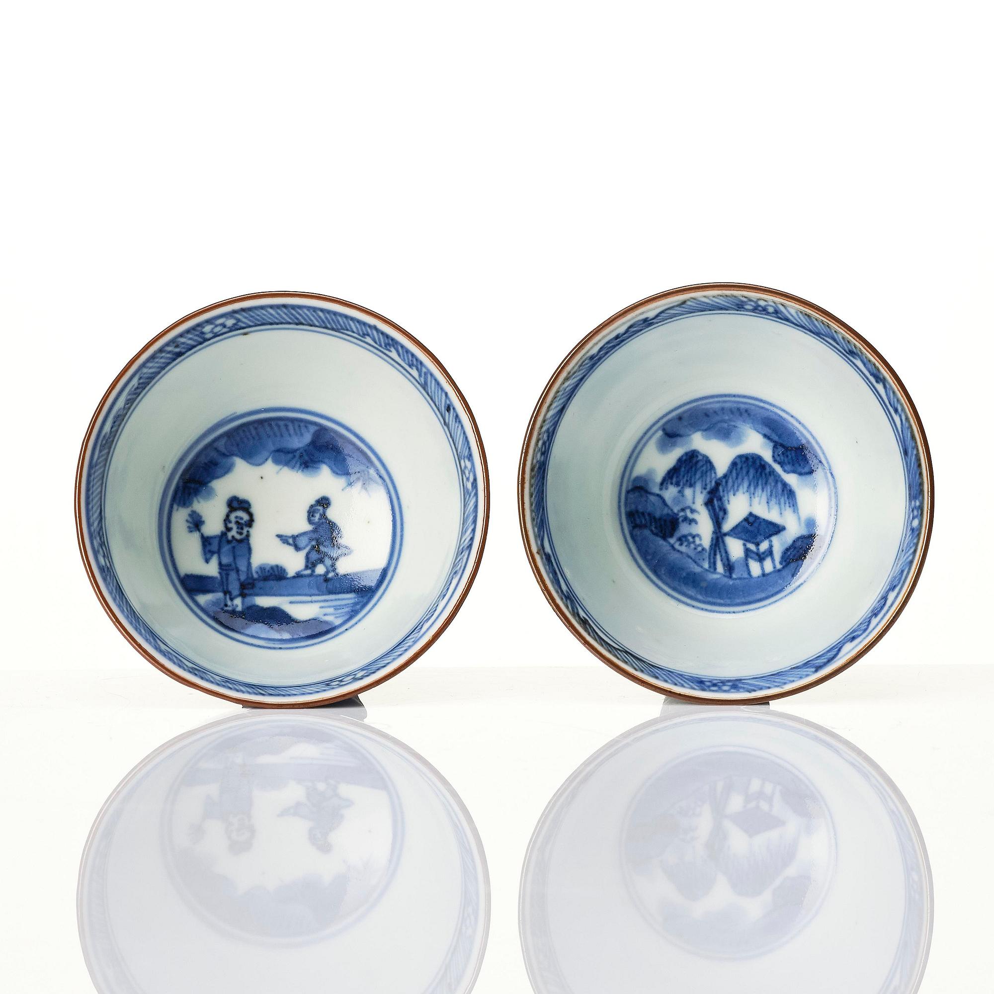 A matched set of eight blue and white cups and stands, Qing dynasty, Kangxi (1662-1722).
