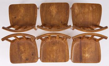 Axel Einar Hjorth, a set of six stained pine "Utö" chairs, Nordiska Kompaniet, Sweden, 1930s.