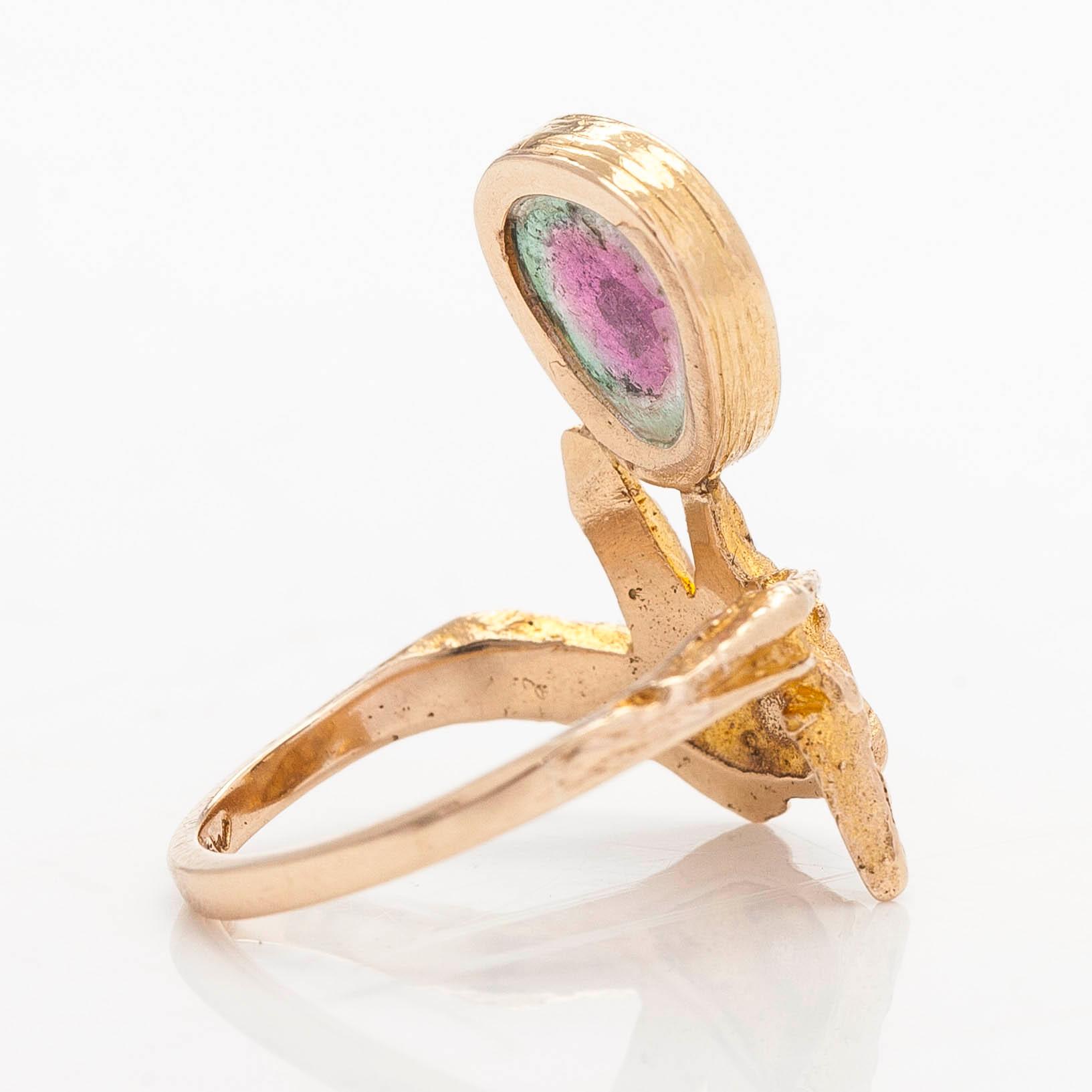 Björn Weckström, a 14K gold ring 'Pond in the forest' with a tourmaline. Lapponia 1971.