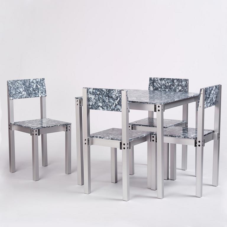 Fredrik Paulsen, unikt bord samt fyra stolar, "Chair One & Table One, The Peace Set", JOY, 2024.