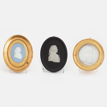 248. Plaques, 3 oval depicting Carl von Linnaeus, 2 Wedgwood and one in plaster.