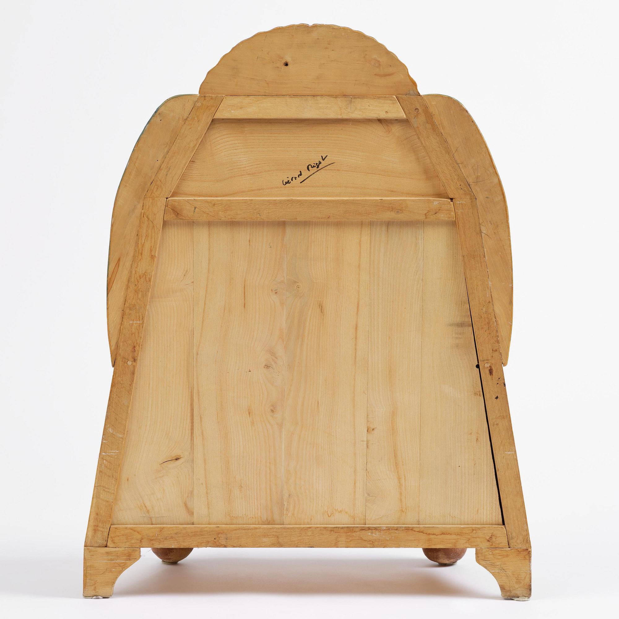 Gérard Rigot, a painted and carved oak cabinet, exectued in his studio, France, second half of the 20th century.