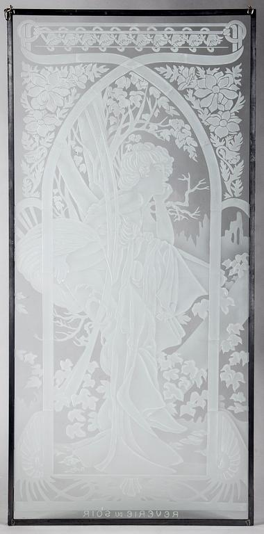 a glass window decor after Alphonse Mucha, 20th century.