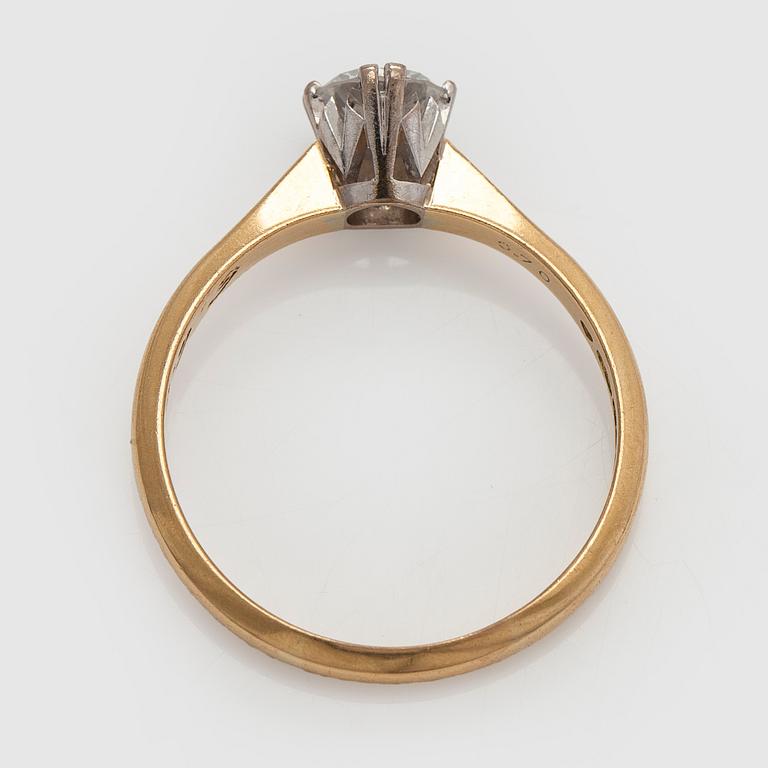Sormus, briljanttihiottu timantti n. 0,70 ct, 18K kultaa, Kultajousi, Helsinki 1991.