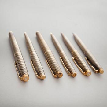 Six silver pens from Parker, USA, partly gilded, 20th century.