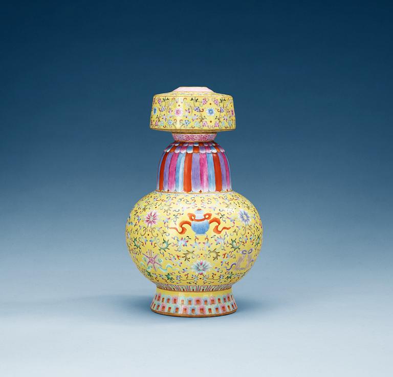 A 'famille rose' yellow-ground altar vase, presumably Republic with Qianlongs seal mark in red.