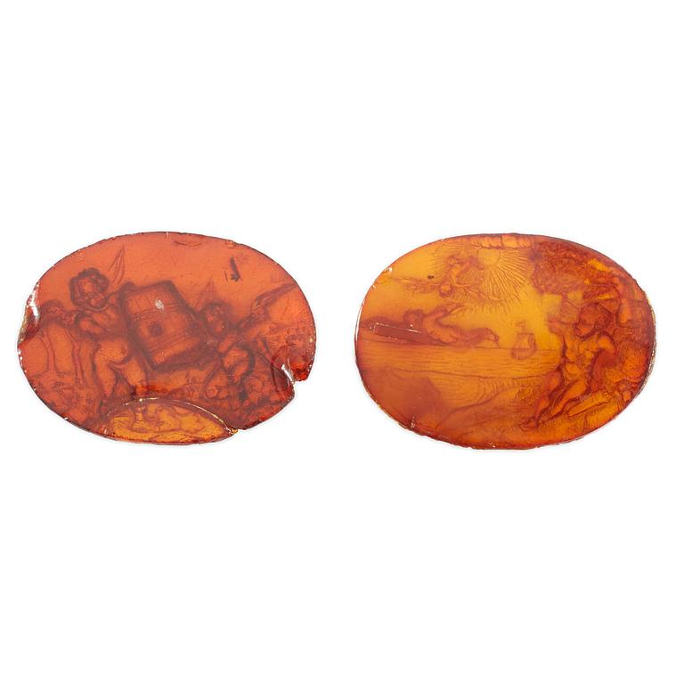 Two Baroque circa 1700 amber reliefs, probably Danzig.