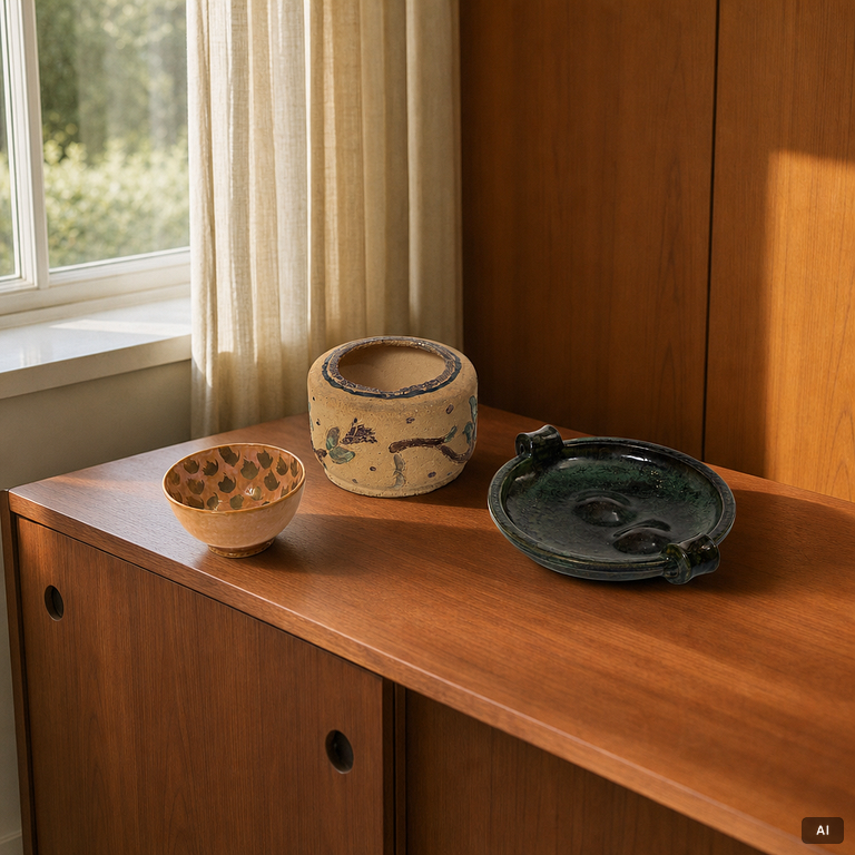 Wilhelm Kåge, a ceramic bowl, vase and dish, Gustavsberg, Sweden, 1927-29.