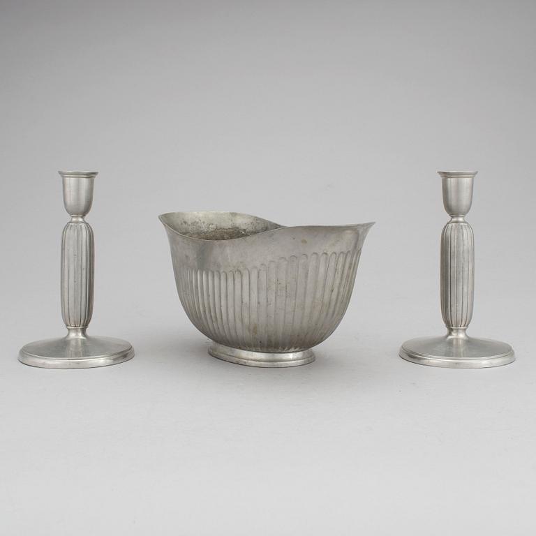 One pewter bowl and a pair of candleholders by Just Andersen, Denmark.
