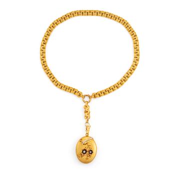 388. An 18K gold locket set with rose-cut diamonds and pearls with a chain.