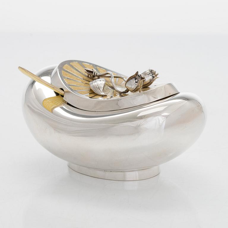 Sugar bowl and spoon, silver and enamel, the bowl by Anita Sarlin. Tillander, Helsinki, 1950.