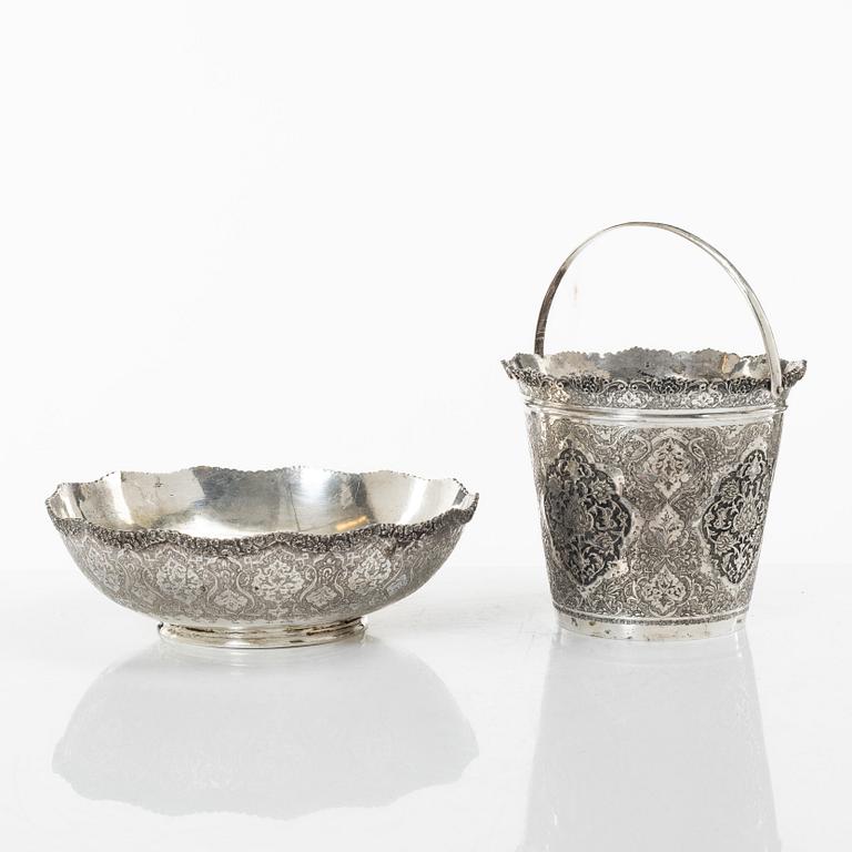 A Persian silver bowl and a silver bucket, 20th century.