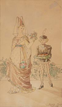 749. Elisabeth Sonrel, Dame de la Cour avec un bouquet de fleurs et son jeune serviteur.