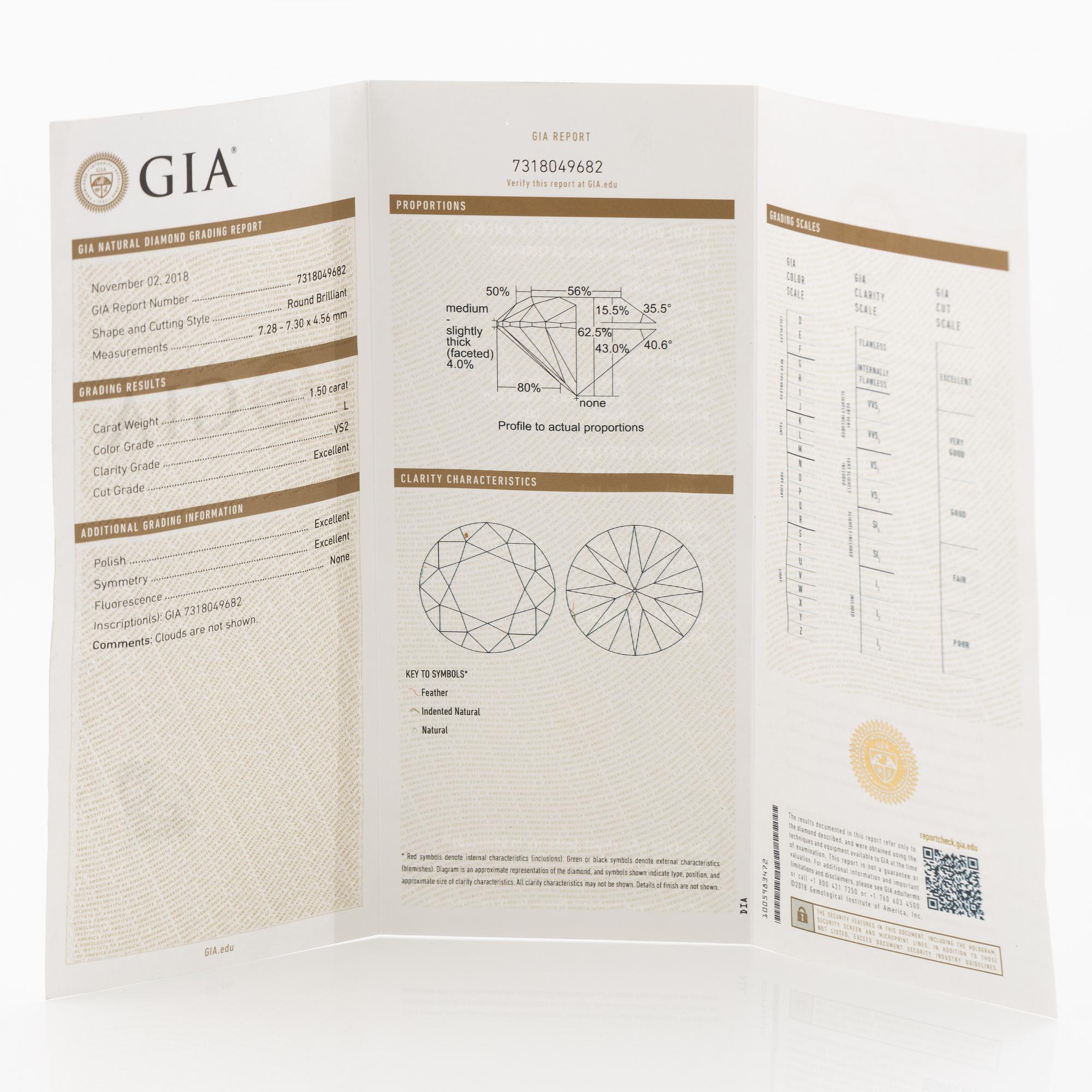 Round brilliant-cut diamond 1.50 ct, accompanied by a GIA report.