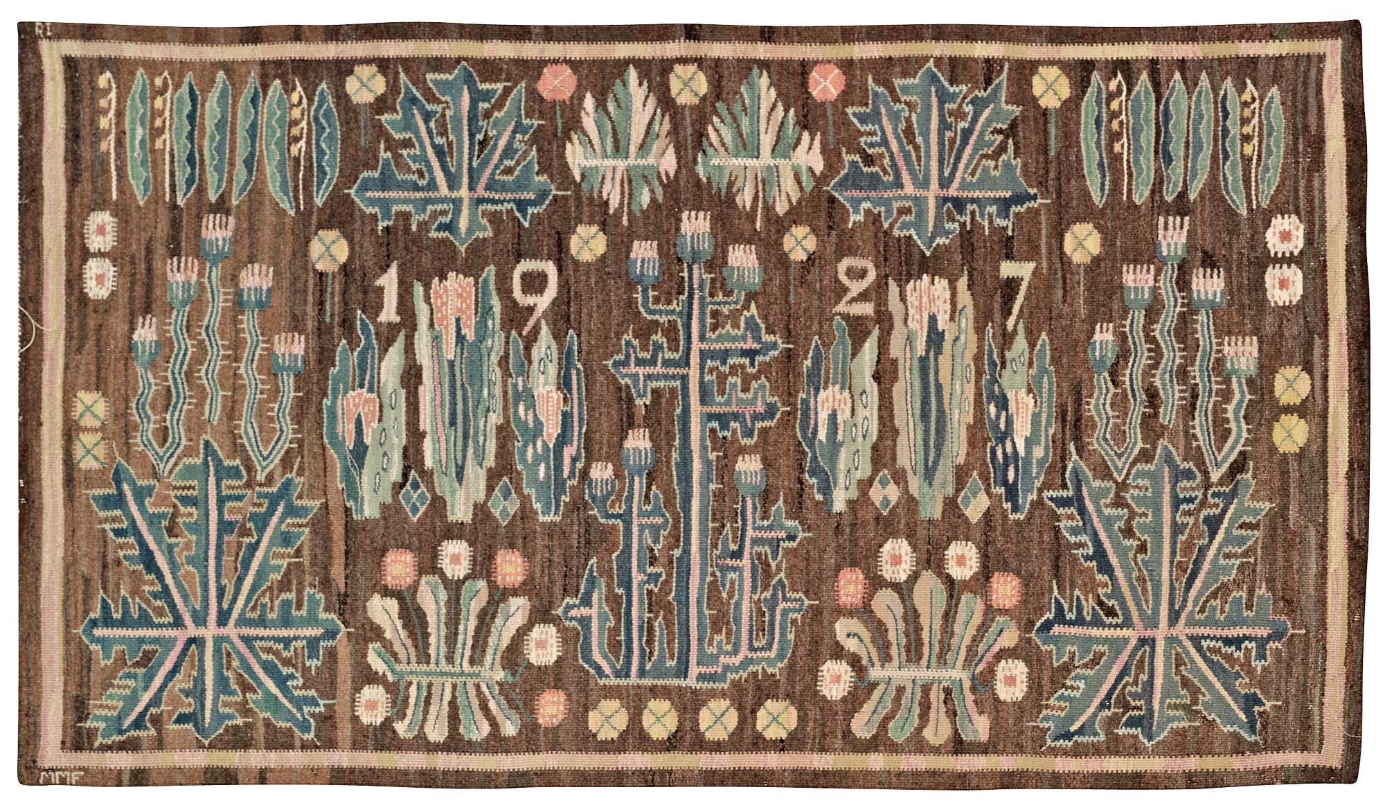 TAPESTRY. "Tistlar och tulpaner".  Gobelängteknik (tapestry weave). 70 x 120 cm. Signed MMF (Märta Måås-Fjetterström).