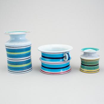 STIG LINDBERG, a lot of three vases and a candlestick, faience, Gustavsberg 1960s.