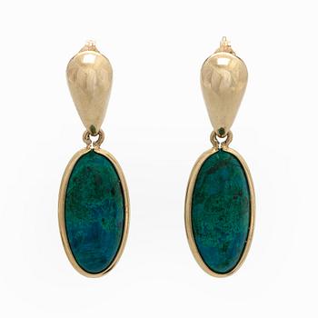 Earrings, 14K gold with chrysocolla Eilat stones.