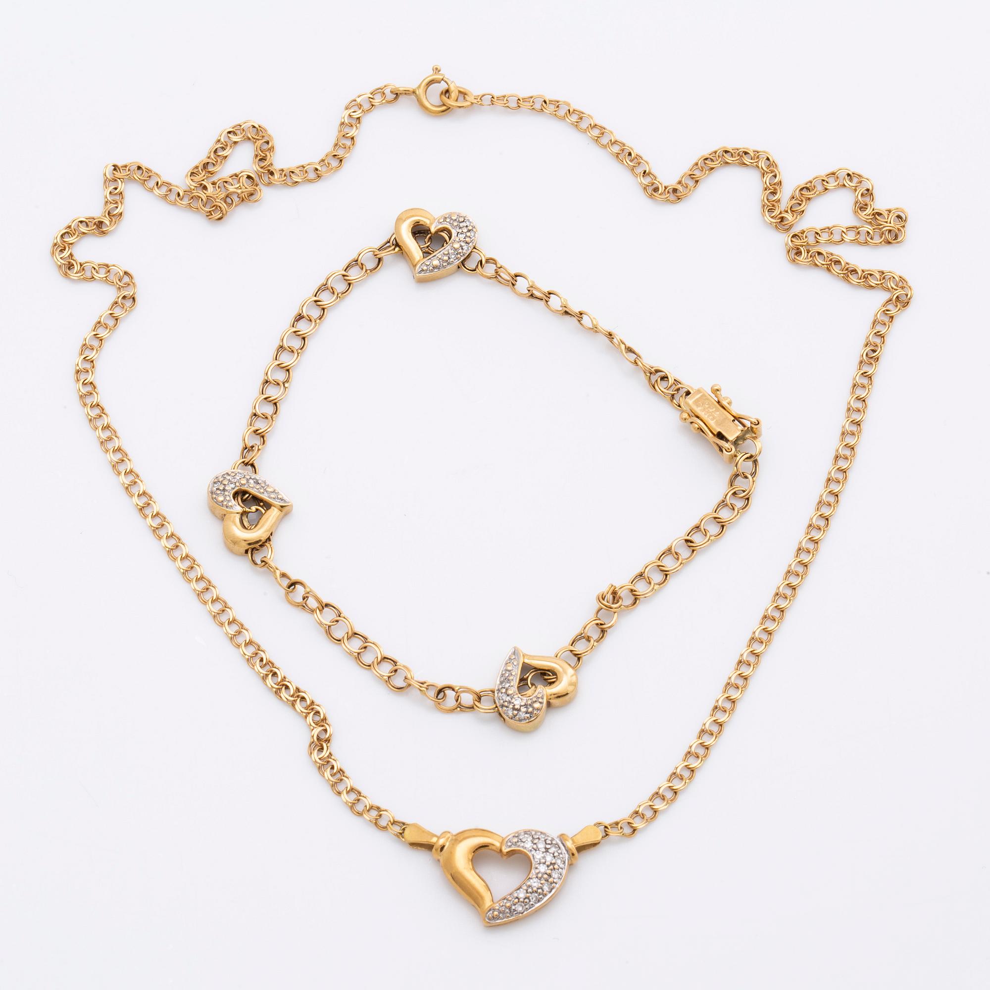 NECKLACE and BRACELET 18K gold w single-cut diamonds, total weight 10,4 g.