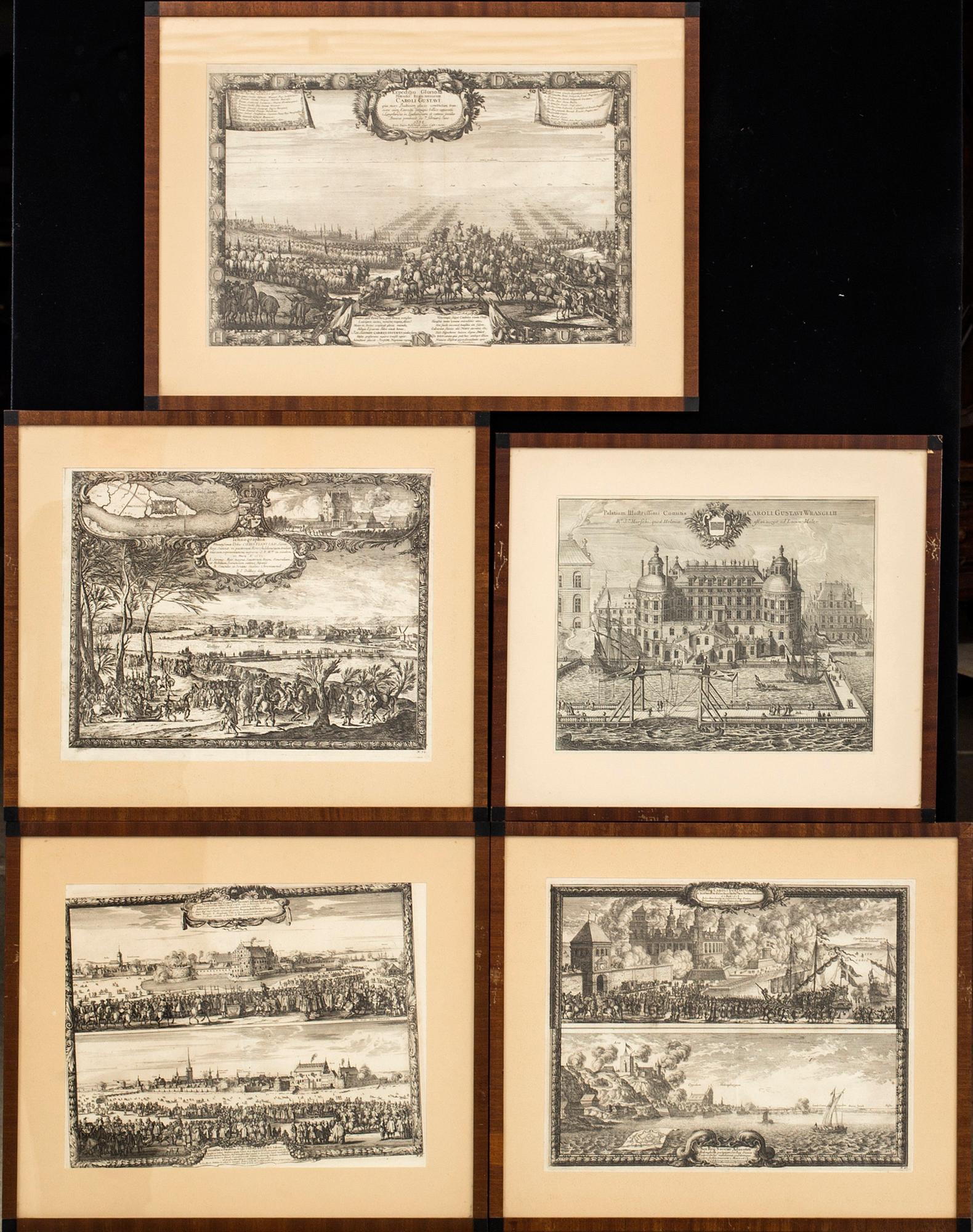 KOPPARSTICK, 5 st ur Erik Dahlbergs 'Svecia antiqua et hodierna', 4 blad 1700-tal, 1 18/1900-tal.